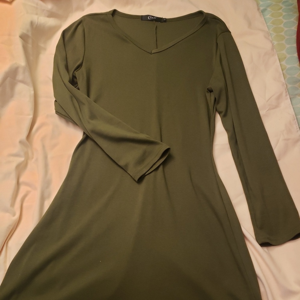 Olive green, long sleeved dress
